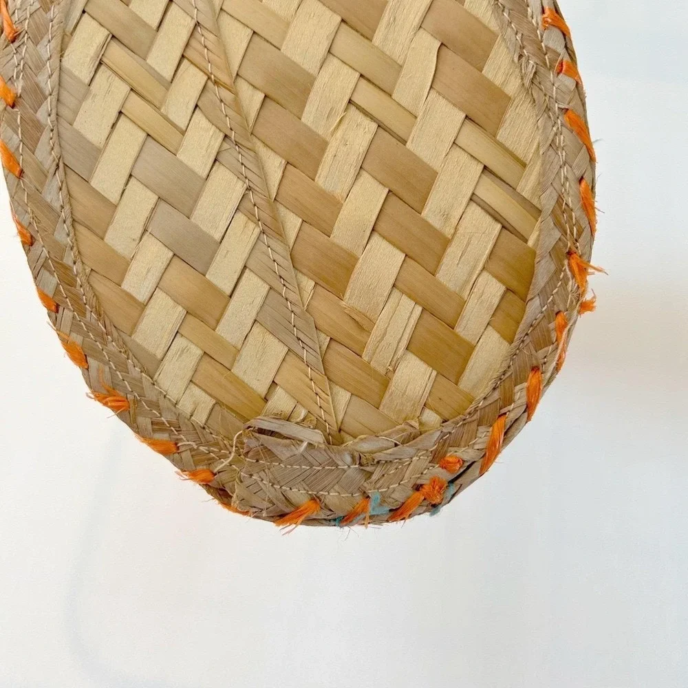 Vtg Woven Straw Handbag‎ Top Handle Orange Yellow Raffia Floral Boho Purse